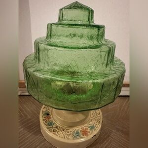 Vintage Green Stacked Crackle Glass Light Globe Floral 30s 40s 50s Retro MCM